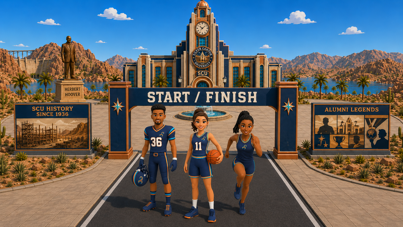 Digitale Campuswelt der Silver Canyon University mit Avataren, Canyon Loop und Scorpions-Sportstätten.