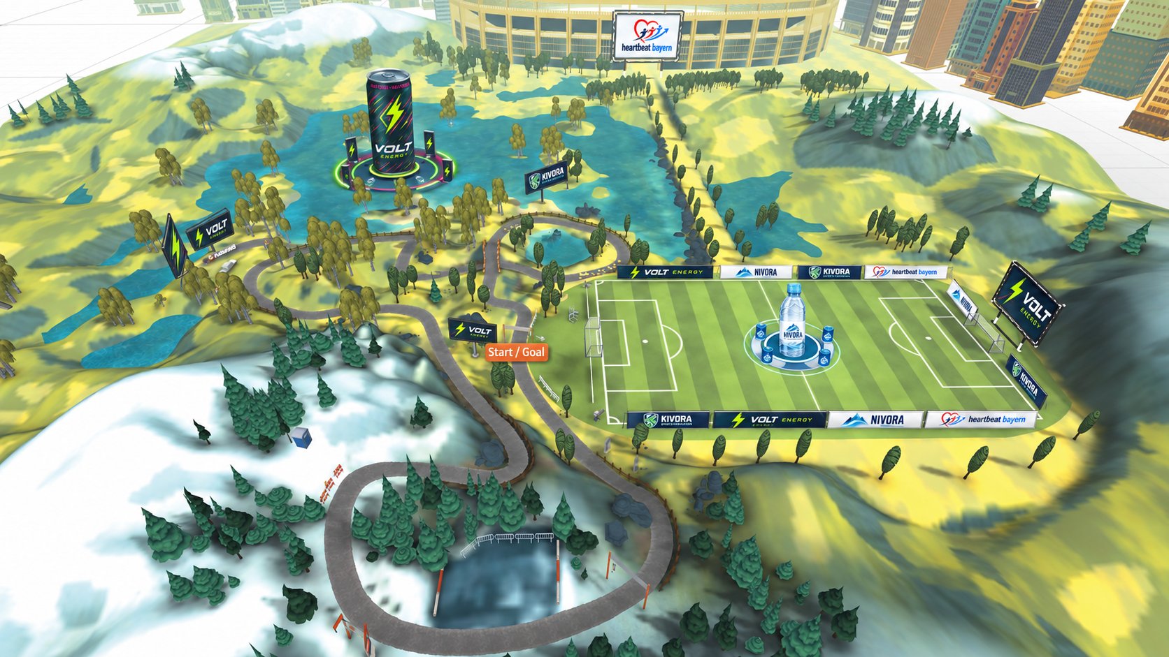 3D world overhead screenshot showing partner branding: VOLT, NIVORA, KIVORA, heartbeat bayern