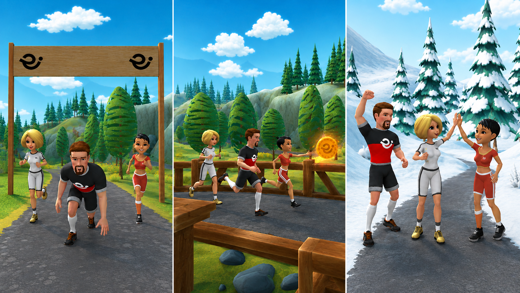 3D Avatare beim Laufen – Challenge-Triptychon mit Wald- und Schneeszenen aus der ido.STARzn App