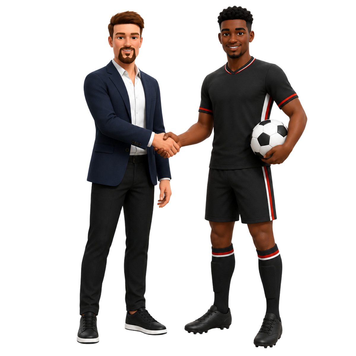 Spielerberater und Fußballer beim Handschlag – professionelle Partnerschaft zwischen Agent und Profi-Sportler
