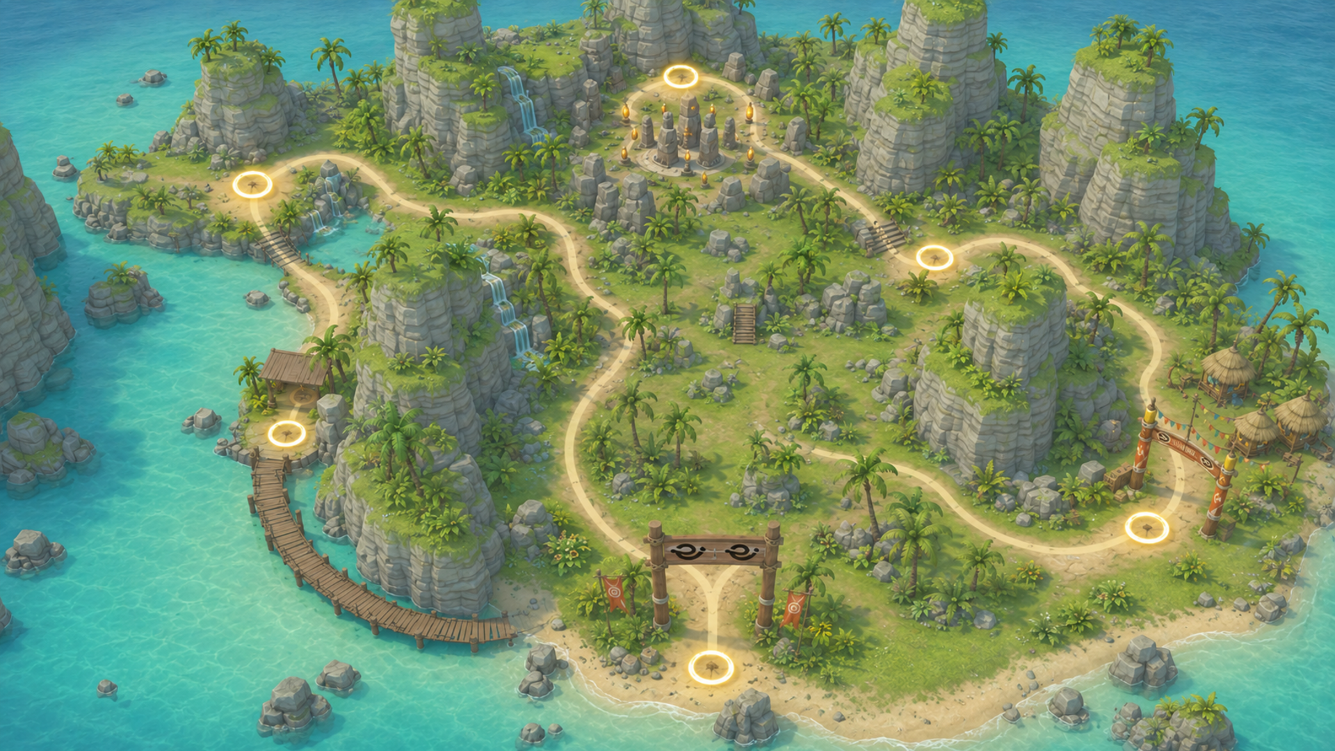Neutrale Aruba Core-Welt mit tropischer Insel, Rundkurs, Felsen, Wasserfällen und Erlebnisstationen.